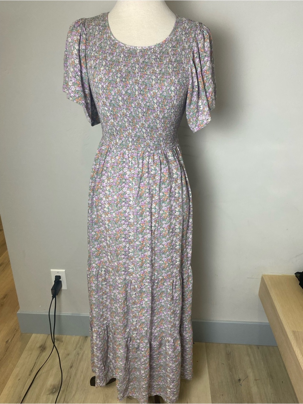 In Loom Lavender Floral Smocked Maxi Dress with Flutter Sleeves Small